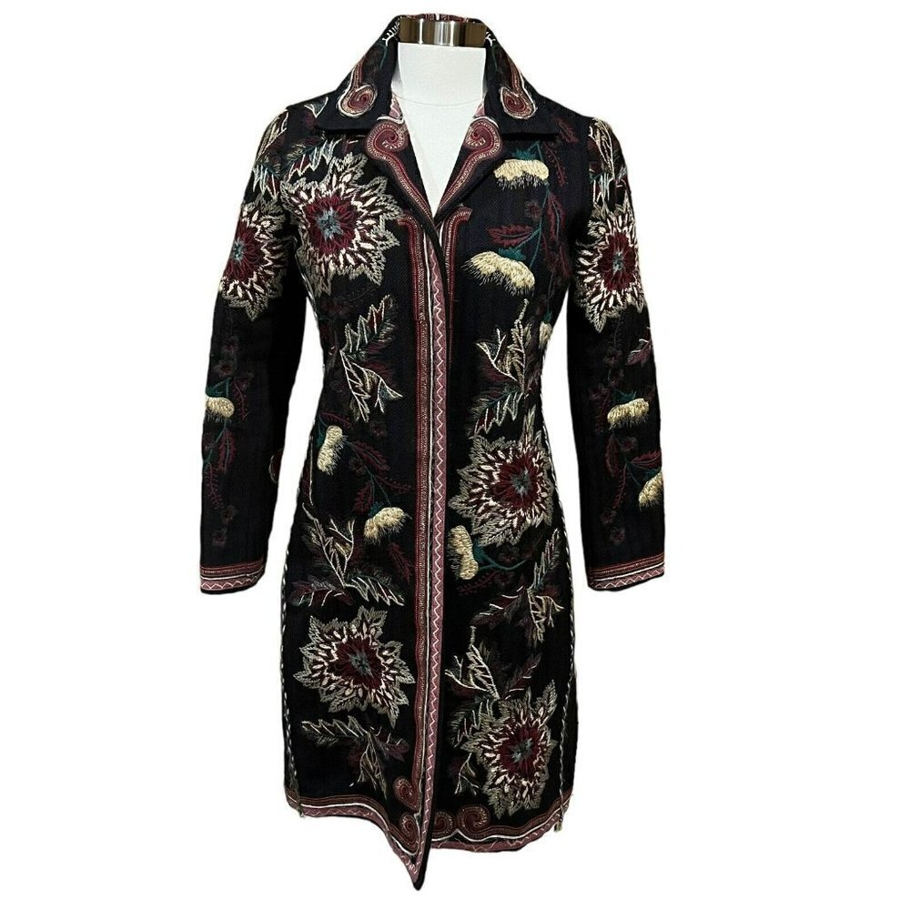 Johnny Was Biya Embroidered Floral Wool Trench Coat Brown S